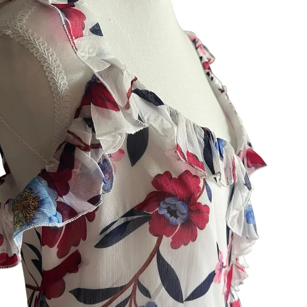 French Connection Aden Bai Lurex Frill‎ Ruffle Cami Top Women's 8 Floral Sparkle